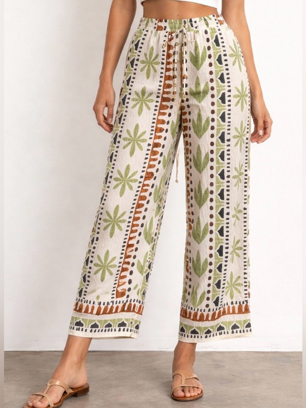 Mlle Gabrielle Cream Wide-Leg Drawstring Pants with Green & Brown Print